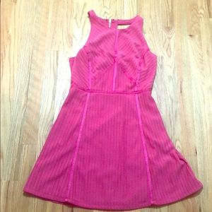 Hot pink, cinched waist midi dress with back zip